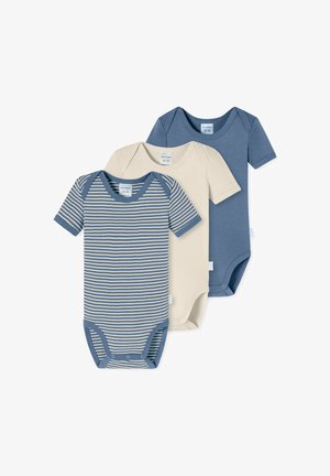 Three short-sleeve bodysuits: one solid blue, one solid cream, and one blue with cream stripes. Soft cotton material with snap closures.