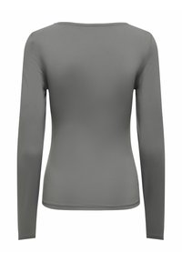 Blusa gris de manga larga, textura suave, cuello redondo, diseño ajustado, sin patrones visibles ni acentos, vista trasera lisa.