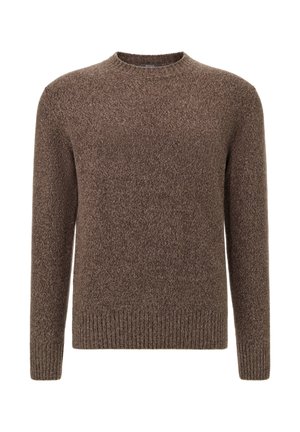Suéter de punto marrón con cuello redondo, mangas largas y puños y dobladillo de canalé. Tejido texturizado para un aspecto suave.
