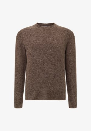 Suéter de punto marrón con cuello redondo, mangas largas y puños y dobladillo de canalé. Tejido texturizado para un aspecto suave.