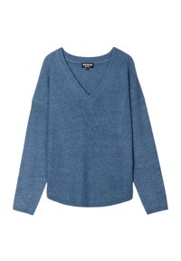 Blauwe geribbelde trui met een V-hals ontwerp, lange mouwen en een relaxte fit. Gemaakt van zachte, textuurstof met een licht afgeronde zoom.