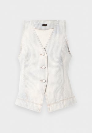Gilet beige clair sans manches avec fines rayures verticales, trois boutons sur le devant, coupe ajustée et étiquette BOSS à l’intérieur du col.
