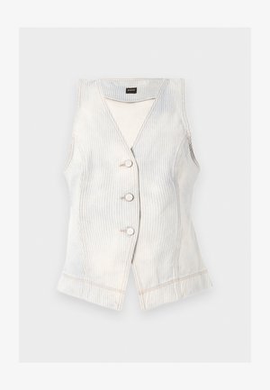 Αμάνικο ανοιχτό μπεζ γιλέκο με διακριτικές κάθετες ρίγες, τρία κουμπιά μπροστά, εφαρμοστή γραμμή και ετικέτα BOSS στο εσωτερικό του γιακά.