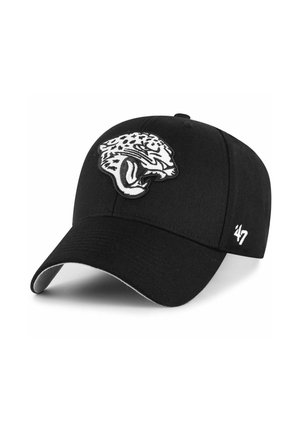 Schwarze Baseballkappe aus Stoff mit einem auf der Vorderseite gestickten Jaguar-Kopf. Verfügt über eine gebogene Krempe und ein kleines weißes Logo an der Seite.