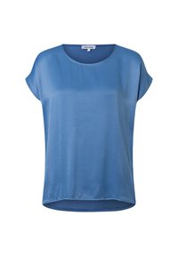 Blaue kurzärmelige Bluse aus glattem Stoff. Sie hat einen runden Ausschnitt und einen leicht abgerundeten Saum, der eine lockere Passform bietet.
