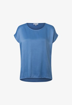 Blue short-sleeve blouse made of smooth fabric. Features a round neckline and a slightly curved hem, offering a relaxed fit.