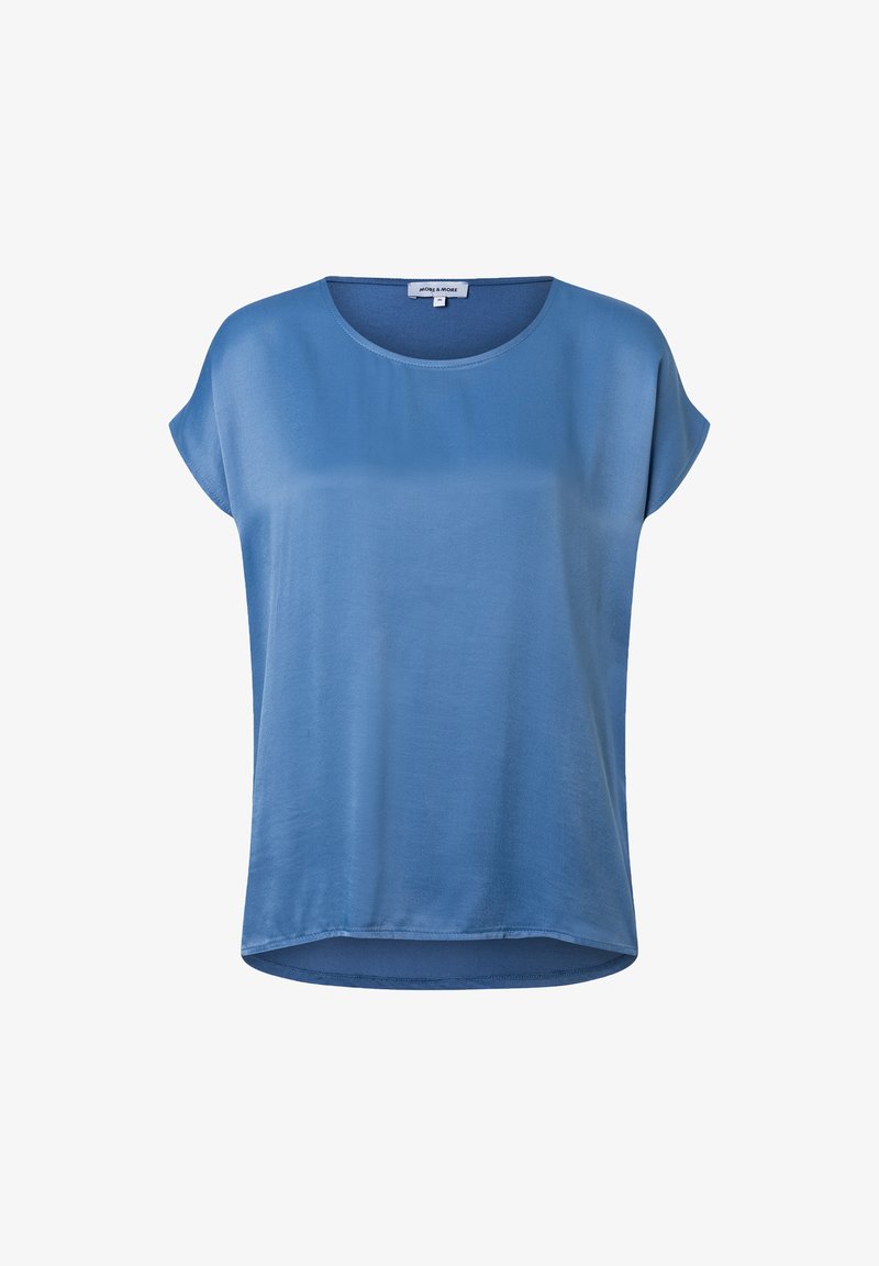 Blaue kurzärmelige Bluse aus glattem Stoff. Sie hat einen runden Ausschnitt und einen leicht abgerundeten Saum, der eine lockere Passform bietet.