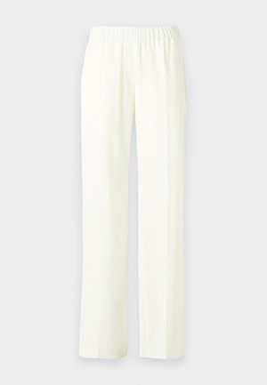 Pantalons larges de couleur crème clair, dotés d'une taille élastique pour un confort optimal. Tissu lisse avec un design fluide ; sans motif ni accent visible.