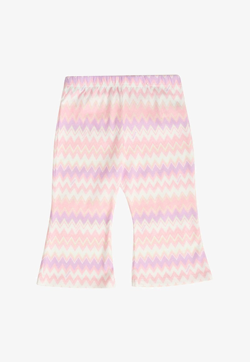 Pantaloni a zampa d'elefante a zigzag rosa e lavanda con vita elasticizzata, realizzati in un tessuto morbido. Design leggero e casual.