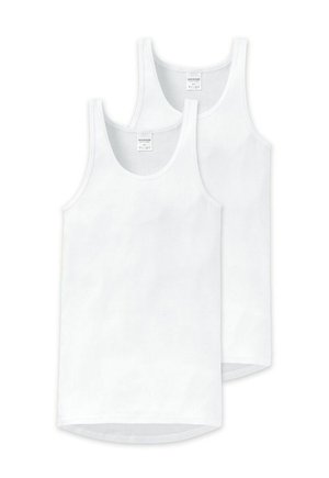 Two plain white sleeveless tank tops with round necks, stacked with one slightly behind the other.