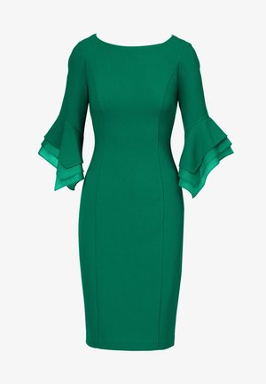 Groene aansluitende jurk met een ronde halslijn en uitlopende, gelaagde mouwen. Glad stof met een gestructureerd accent bij de manchetten.