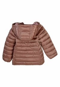 Giacca imbottita rosa-marrone con cappuccio, caratterizzata da cuciture orizzontali, polsini elasticizzati e una texture di tessuto liscia e lucida. Vista posteriore.