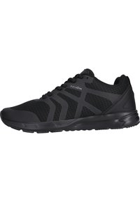 Schwarze Sportschuhe aus atmungsaktivem Mesh und Synthetikmaterial. Verfügt über ein strukturiertes Design, Schnürverschluss und gepolsterten Sohlen.