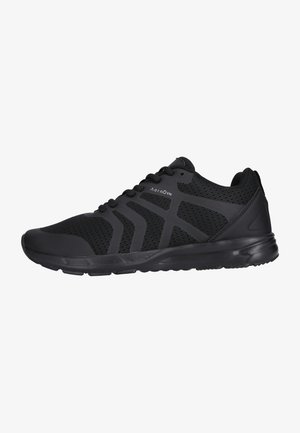 Schwarze Sportschuhe aus atmungsaktivem Mesh und Synthetikmaterial. Verfügt über ein strukturiertes Design, Schnürverschluss und gepolsterten Sohlen.