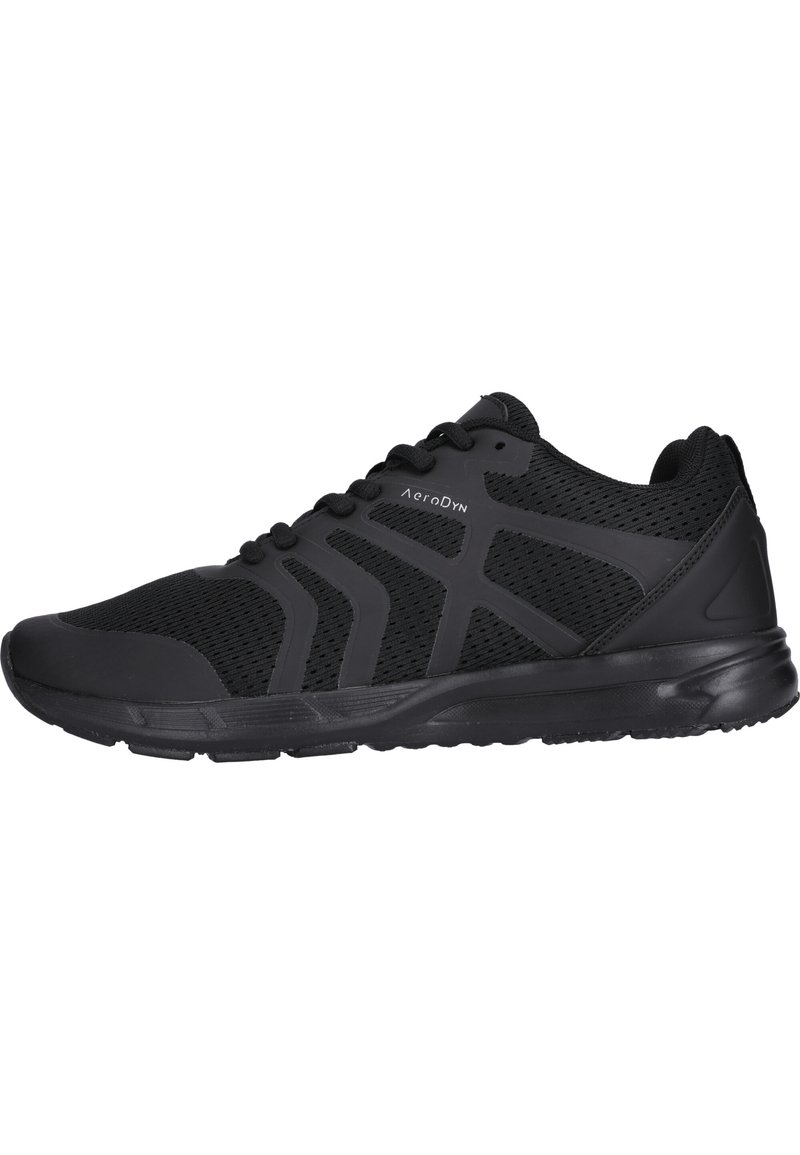 Schwarze Sportschuhe aus atmungsaktivem Mesh und Synthetikmaterial. Verfügt über ein strukturiertes Design, Schnürverschluss und gepolsterten Sohlen.
