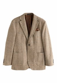 Brūns raibs žakets ar teksturētu audumu, ar vienu pogu, divām priekšējām kabatām un krūšu kabatu ar saskaņotu kabatlakatiņu.