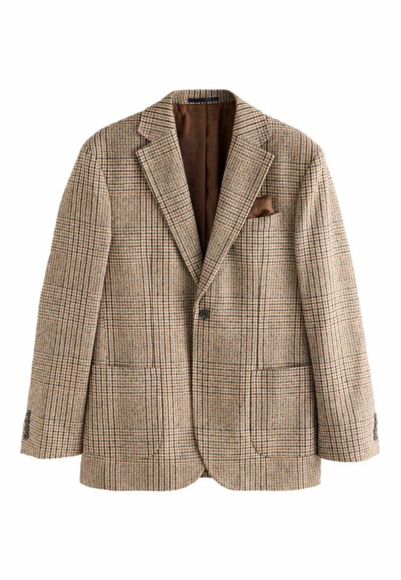 Brūns raibs žakets ar teksturētu audumu, ar vienu pogu, divām priekšējām kabatām un krūšu kabatu ar saskaņotu kabatlakatiņu.