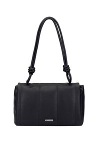 Sac à main en simili cuir noir de forme cylindrique, avec une bandoulière tressée et des accents noués. Doté de panneaux subtils et d'une marque discrète.