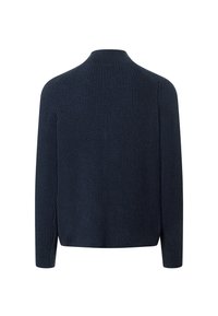 Navy blue, ribbed knit sweater with long sleeves and a high collar, viewed from the back on a white background.