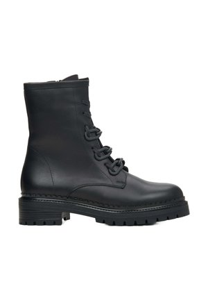 Black leather ankle boots with a round toe, lace-up front, and a sturdy, textured sole. Features a smooth finish and reinforced stitching.