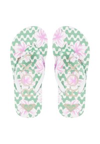 Chanclas con un patrón ondulado verde, flores rosas y un logo dorado. Tiras blancas y plantilla texturizada para mayor comodidad.