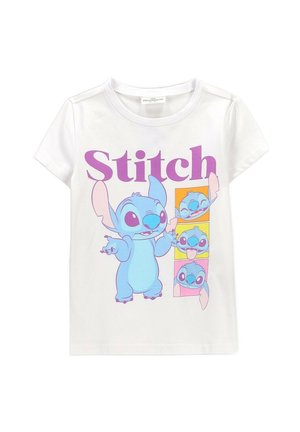 Biała dziecięca koszulka z fioletowym napisem „Stitch” i czterema kolorowymi pozami kreskówkowej postaci Stitch na przodzie.
