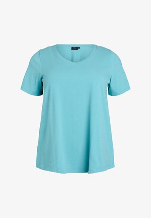 Hele halli lühikese varrukaga T-särk V-kaelusega, valmistatud pehmest puuvillakangast, millel on mugav lõige ja sile tekstuur.