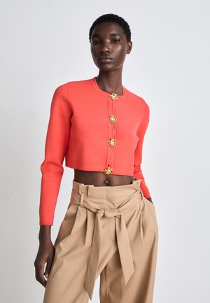 Korallefarbener, kurz geschnittener Pullover mit langen Ärmeln, verziert mit goldenen Blumenknöpfen und strukturierten Streifen. Kombiniert mit beigen Hosen in hoher Taille.