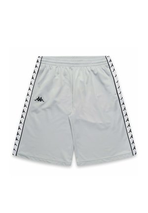 Pantalones cortos deportivos de un gris claro, hechos de una tela transpirable, con una cintura elástica y franjas laterales negras con patrones y acentos de logotipo.