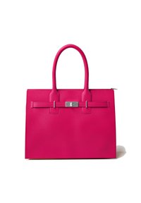 Pink leather handbag with a textured finish, rectangular shape, dual rounded handles, and a silver-tone hardware clasp detail.