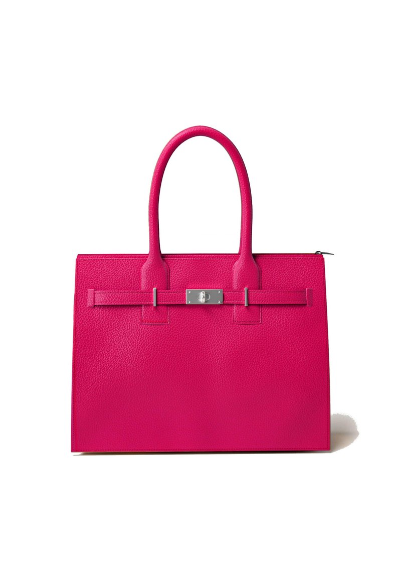 Pink leather handbag with a textured finish, rectangular shape, dual rounded handles, and a silver-tone hardware clasp detail.