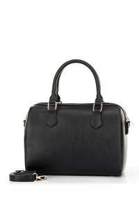 Black synthetic leather handbag with dual handles, zipper closure, detachable shoulder strap, and gold-tone hardware accents.