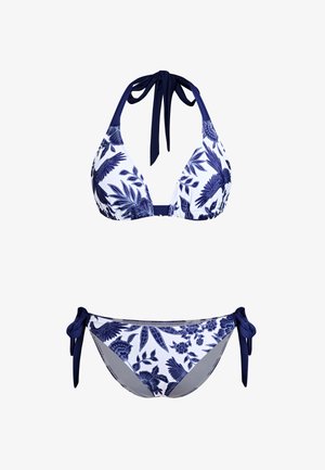 Blauw-wit bikiniset met een bloemmotief. Het topje heeft driehoekige cups met een halternek en het broekje heeft zijstrikjes.