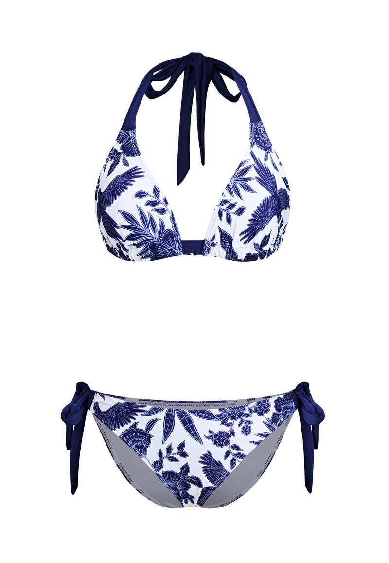 Blauw-wit bikiniset met een bloemmotief. Het topje heeft driehoekige cups met een halternek en het broekje heeft zijstrikjes.