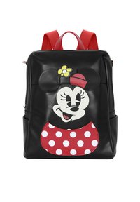 Sac à dos noir avec des bretelles rouges, présentant un grand design en relief de Minnie Mouse, incluant un détail à pois rouges et une accentuation en fleur jaune.
