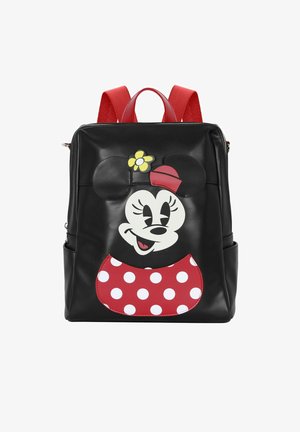 Sac à dos noir avec des bretelles rouges, présentant un grand design en relief de Minnie Mouse, incluant un détail à pois rouges et une accentuation en fleur jaune.