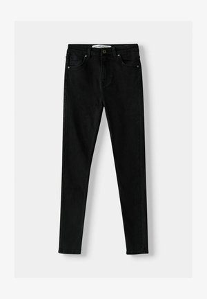 Zwarte slim-fit jeans gemaakt van denim, met een klassiek vijf-pocket ontwerp, ritsvlieg en metalen knoopsluiting. Glad oppervlak door het hele stuk.