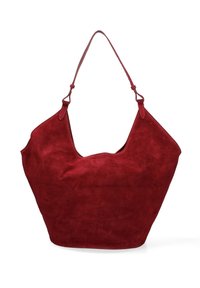 Borsa hobo in suede rosso con una forma morbida, spallaccio singolo e una superficie liscia. Presenta un'ampia apertura e hardware minimale.