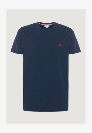 T-shirt blu navy con scollo tondo, maniche corte, piccolo logo ricamato di un giocatore di polo rosso sul petto a sinistra e dettaglio a righe all'interno del colletto.