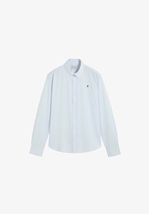 Light blue and white striped long-sleeve button-up shirt with collar and small skull logo on left chest.