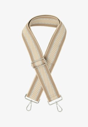 Cintura a strisce beige con texture intrecciata e accenti in argento, rifinita con clip in metallo a entrambe le estremità. Intrecciata a forma di X.
