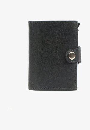 Black leather wallet with a textured finish, snap closure, and visible stitching details. Compact rectangular shape.