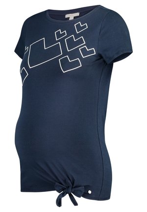 Nachtblauwe zwangerschaps-T-shirt met korte mouwen, geometrische witte print op de borst en een stoffen strik aan de onderzoom.