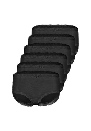 Fünf schwarze Damen-Hüftslips mit hohem Bund, Spitzenbesatz und kleinen Schleifendetails am Bund, gestapelt in versetzter Anordnung.