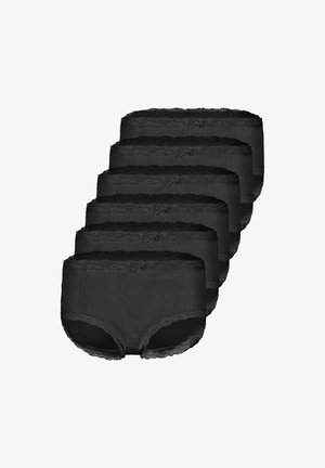 Fünf schwarze Damen-Hüftslips mit hohem Bund, Spitzenbesatz und kleinen Schleifendetails am Bund, gestapelt in versetzter Anordnung.