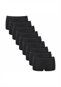 Schwarze Baumwoll-Boxershorts, die in einer Reihe präsentiert werden, mit einer glatten Textur, elastischem Bund und geradem Beindesign.