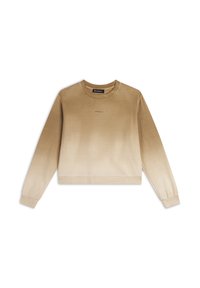 Felpa cropped beige con una texture liscia, colletto rotondo, maniche lunghe e un delicato effetto ombre che va dal beige chiaro al beige scuro.
