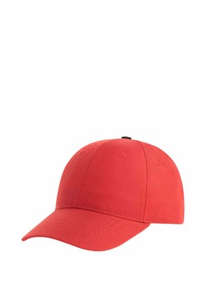 Red baseball cap with curved brim and stitched panel design on a white background.
