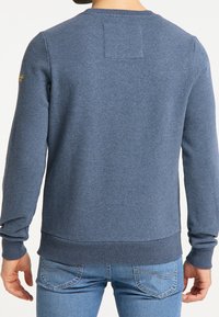 Blå sweatshirt i ett mjukt tyg, med långa ärmar, ribbade muddar och nederkant, samt en liten rektangulär sömnadsdetalj på baksidan.