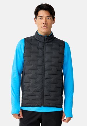 Uomo che indossa un gilet nero trapuntato senza maniche sopra una camicia azzurra a maniche lunghe, in piedi davanti a uno sfondo chiaro e uniforme.